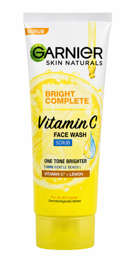 غسول وسكراب الوجه جارنييه برايت كومبليت بفيتامين C والليمون –  Garnier Bright Complete Vitamin C Face Wash Scrub 100ml